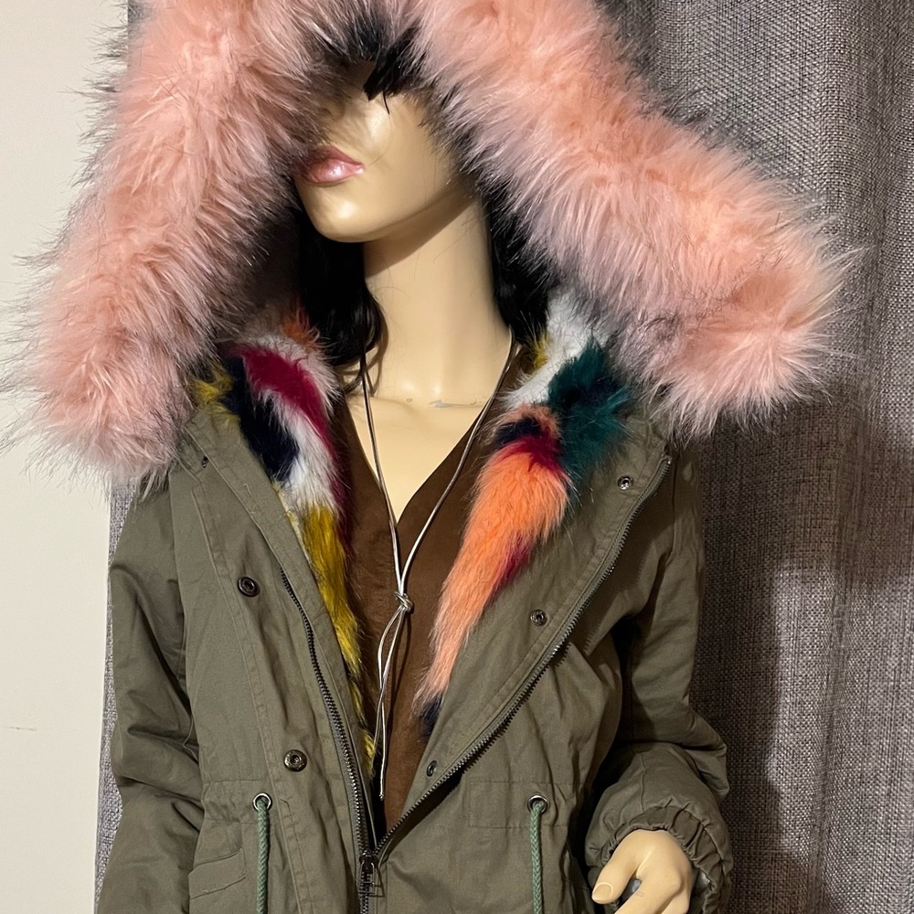 Parka with rainbow trimming on hood & inside zipper area